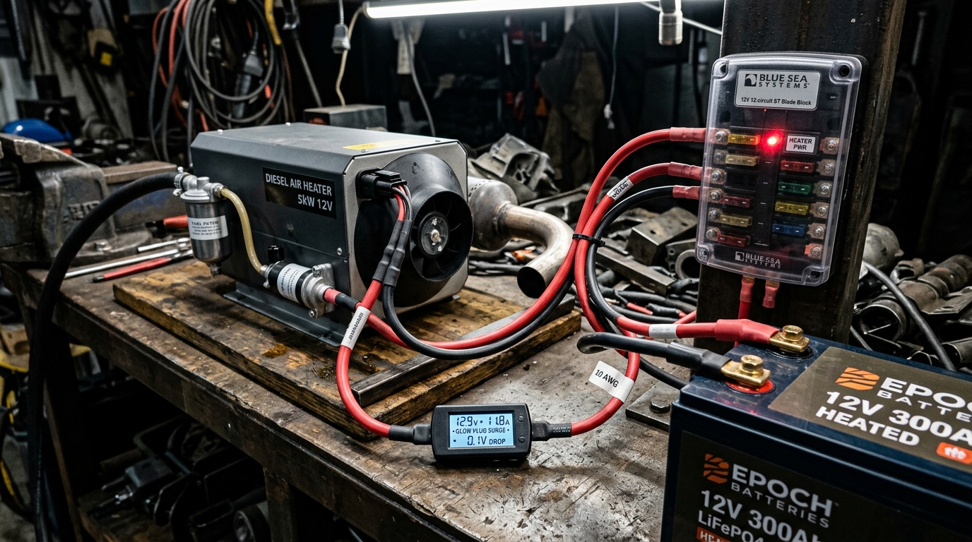 12V diesel air heater wired to Blue Sea Systems blade fuse block and 300Ah Heated LiFePO4 battery with 10 AWG pure copper marine wire