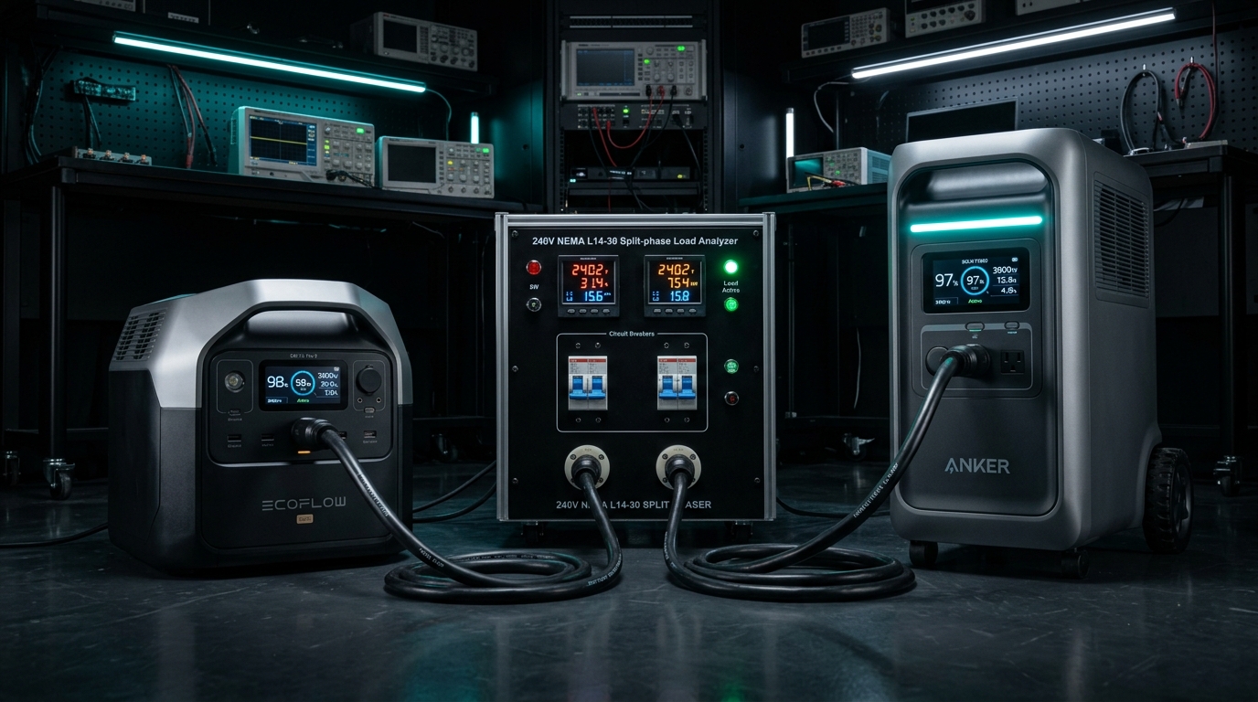 Side by side engineering load test of EcoFlow DELTA Pro 3 and Anker SOLIX F3800 connected to 30A L14-30 and 50A NEMA 14-50 split-phase analyzers