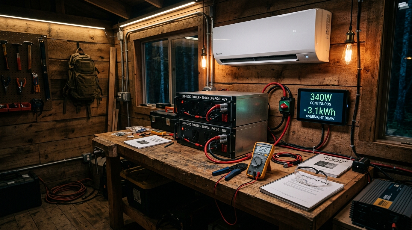 Off-grid cabin wall-mounted 12000 BTU variable-speed inverter mini-split condenser connected to 48V LiFePO4 solar system during overnight watt-hour test