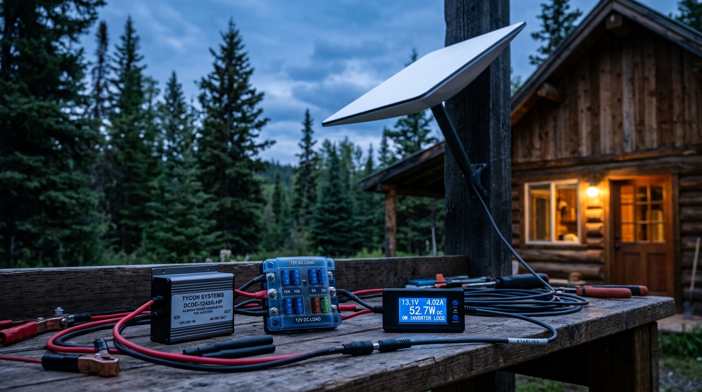 Starlink Gen 3 dish outside cabin with 12V/48V PoE DC conversion watt-meter reading 52.7W