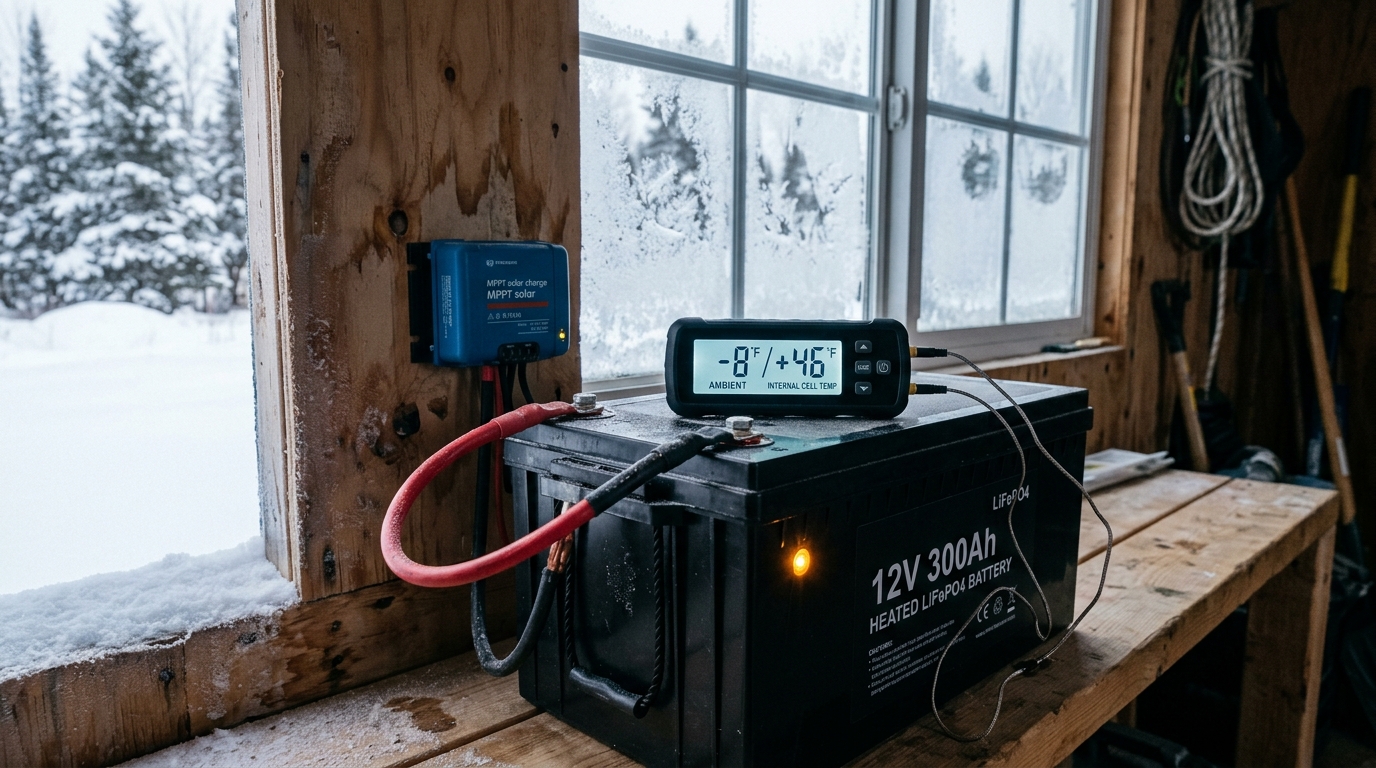 Heated 12V 300Ah LiFePO4 battery bank in snowy cabin shed showing -8F ambient and +46F internal temperature