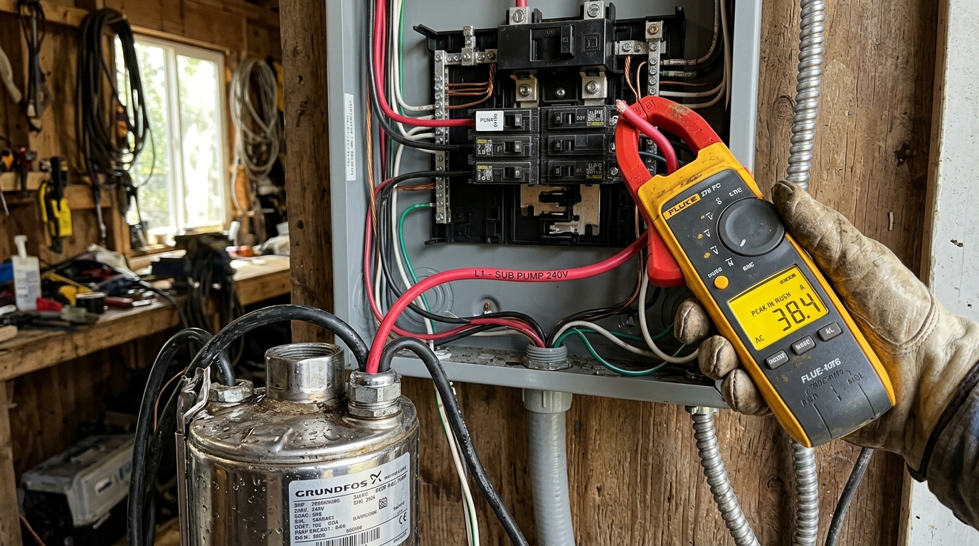 240V submersible well pump pressure switch under test with True-RMS clamp meter showing 38.4A locked-rotor inrush current